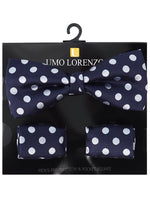 Load image into Gallery viewer, Men&#39;s Black And Gold Polka Dots Pre-tied Adjustable Length Bow Tie &amp; Hanky Set Men&#39;s Solid Color Bow Tie TheDapperTie Navy &amp; White One Size 

