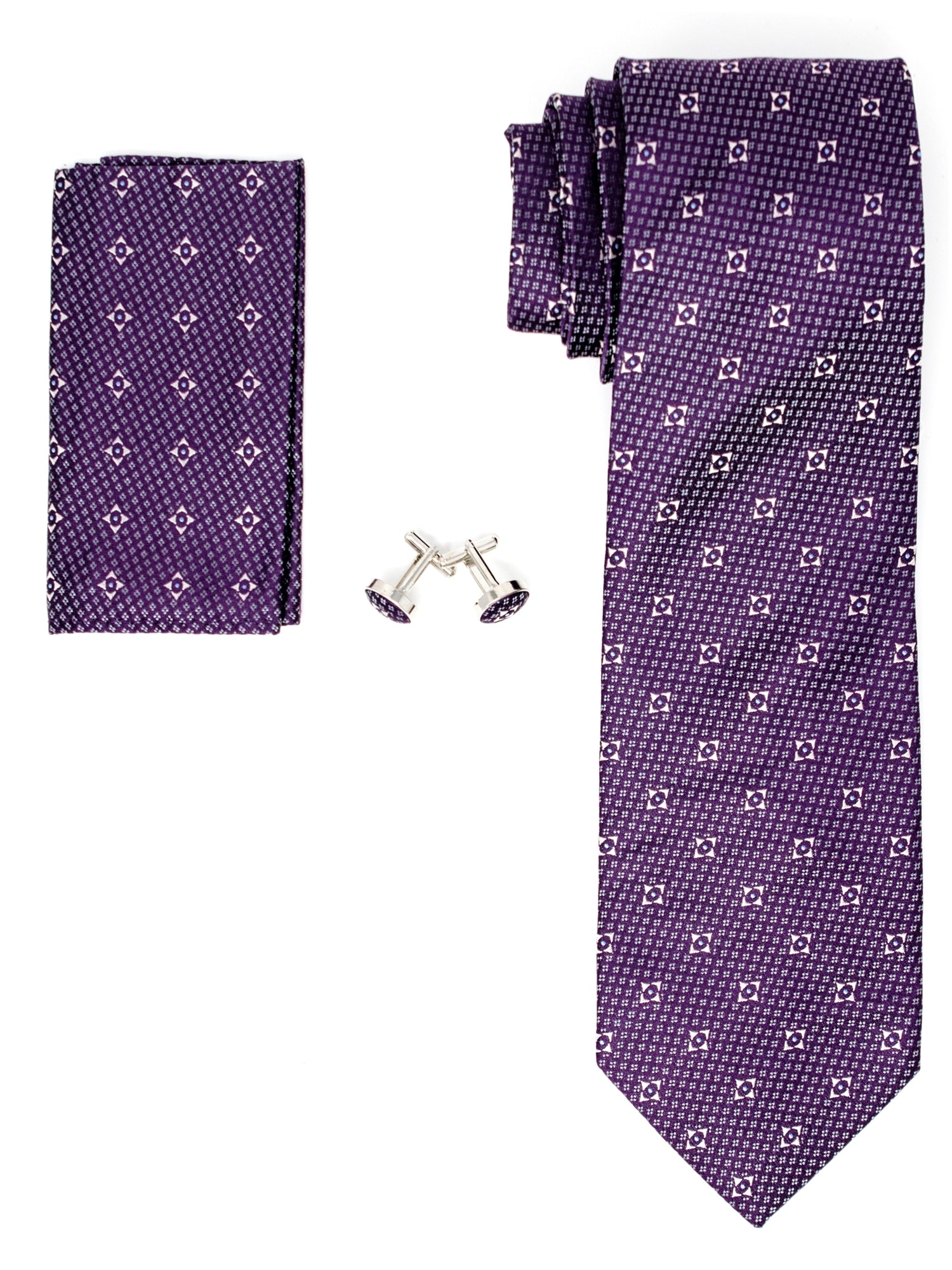 Men's Silk Neck Tie Set Cufflinks & Hanky Collection Neck Tie TheDapperTie Purple Geometric Regular 
