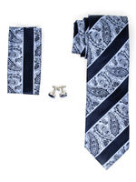 Load image into Gallery viewer, Men&#39;s Silk Neck Tie Set Cufflinks &amp; Hanky Collection Neck Tie TheDapperTie Navy Paisley Regular 
