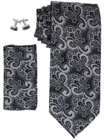 Load image into Gallery viewer, Men&#39;s Silk Neck Tie Set Cufflinks &amp; Hanky Collection Neck Tie TheDapperTie Black And Grey Paisley Regular 
