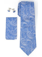 Load image into Gallery viewer, Men&#39;s Silk Neck Tie Set Cufflinks &amp; Hanky Collection Neck Tie TheDapperTie Blue And White Paisley Regular 
