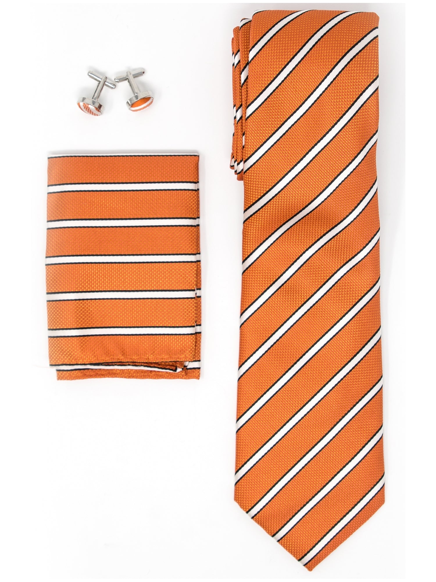 Men's Silk Neck Tie Set Cufflinks & Hanky Collection Neck Tie TheDapperTie Orange, White And Black Stripes Regular 
