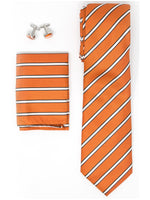 Load image into Gallery viewer, Men&#39;s Silk Neck Tie Set Cufflinks &amp; Hanky Collection Neck Tie TheDapperTie Orange, White And Black Stripes Regular 
