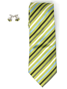 Men's Silk Wedding Neck Tie And Cufflinks set Collection Neck Tie TheDapperTie Green, Black, Blue And White Stripes Regular 