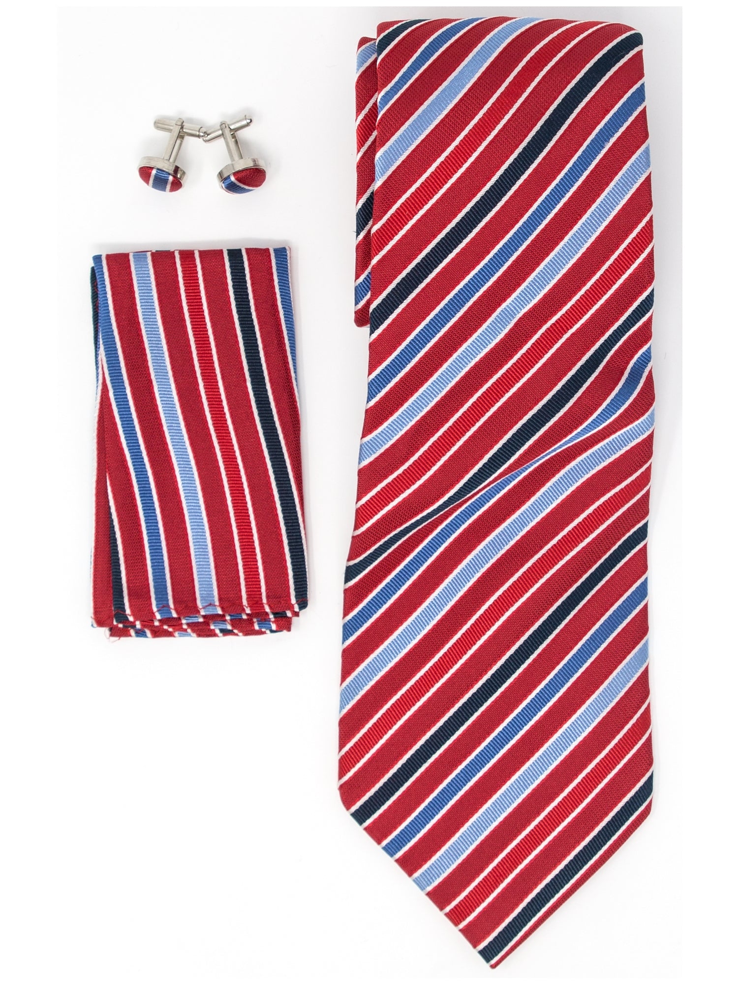 Men's Silk Neck Tie Set Cufflinks & Hanky Collection Neck Tie TheDapperTie Red, White And Navy Stripes Regular 