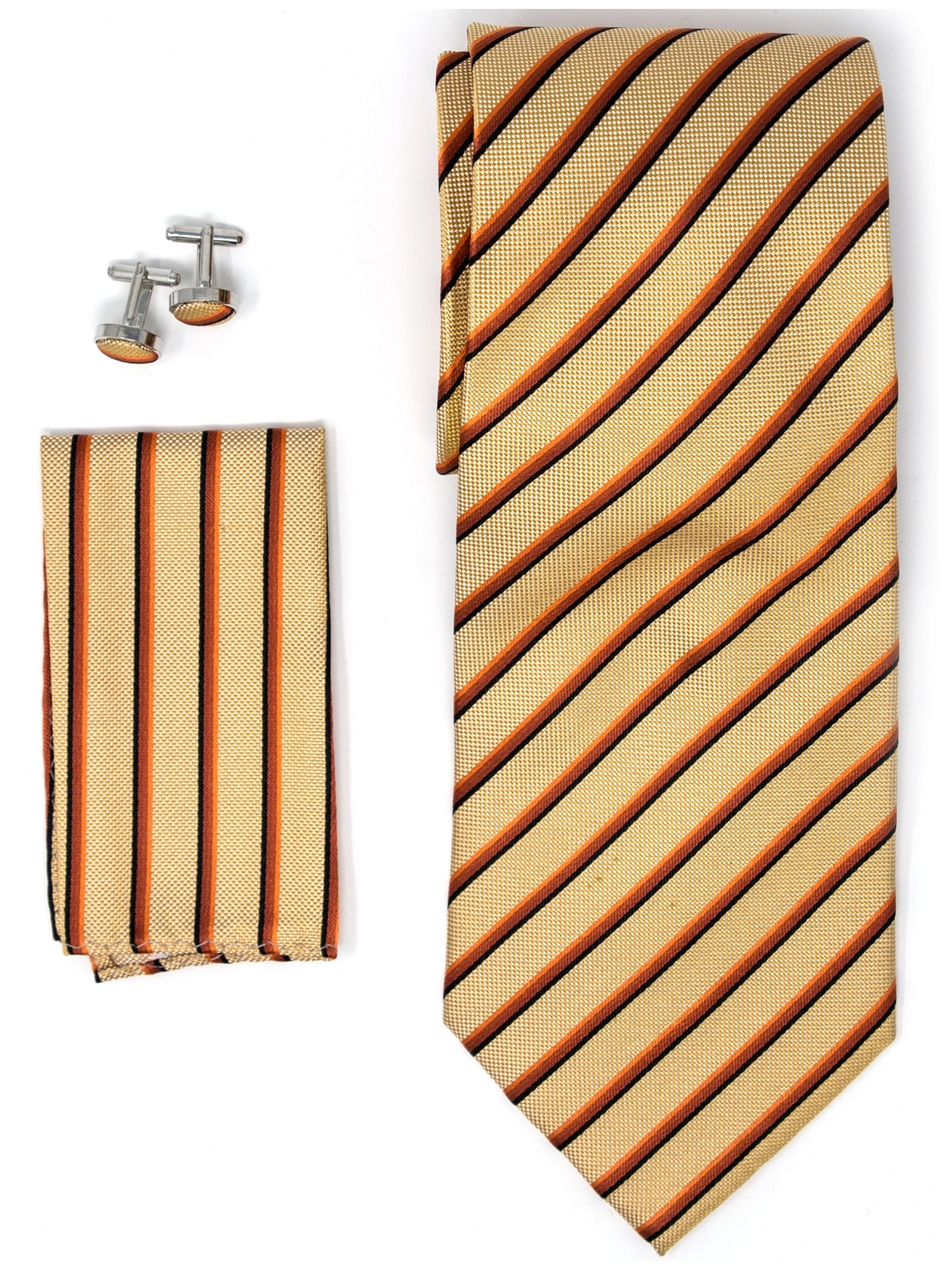 Men's Silk Neck Tie Set Cufflinks & Hanky Collection Neck Tie TheDapperTie Brown, Orange, Black And Ivory Stripes Regular 