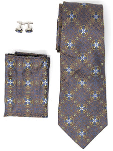 Men's Silk Neck Tie Set Cufflinks & Hanky Collection Neck Tie TheDapperTie Brown, Navy And Yellow Geometric Regular 