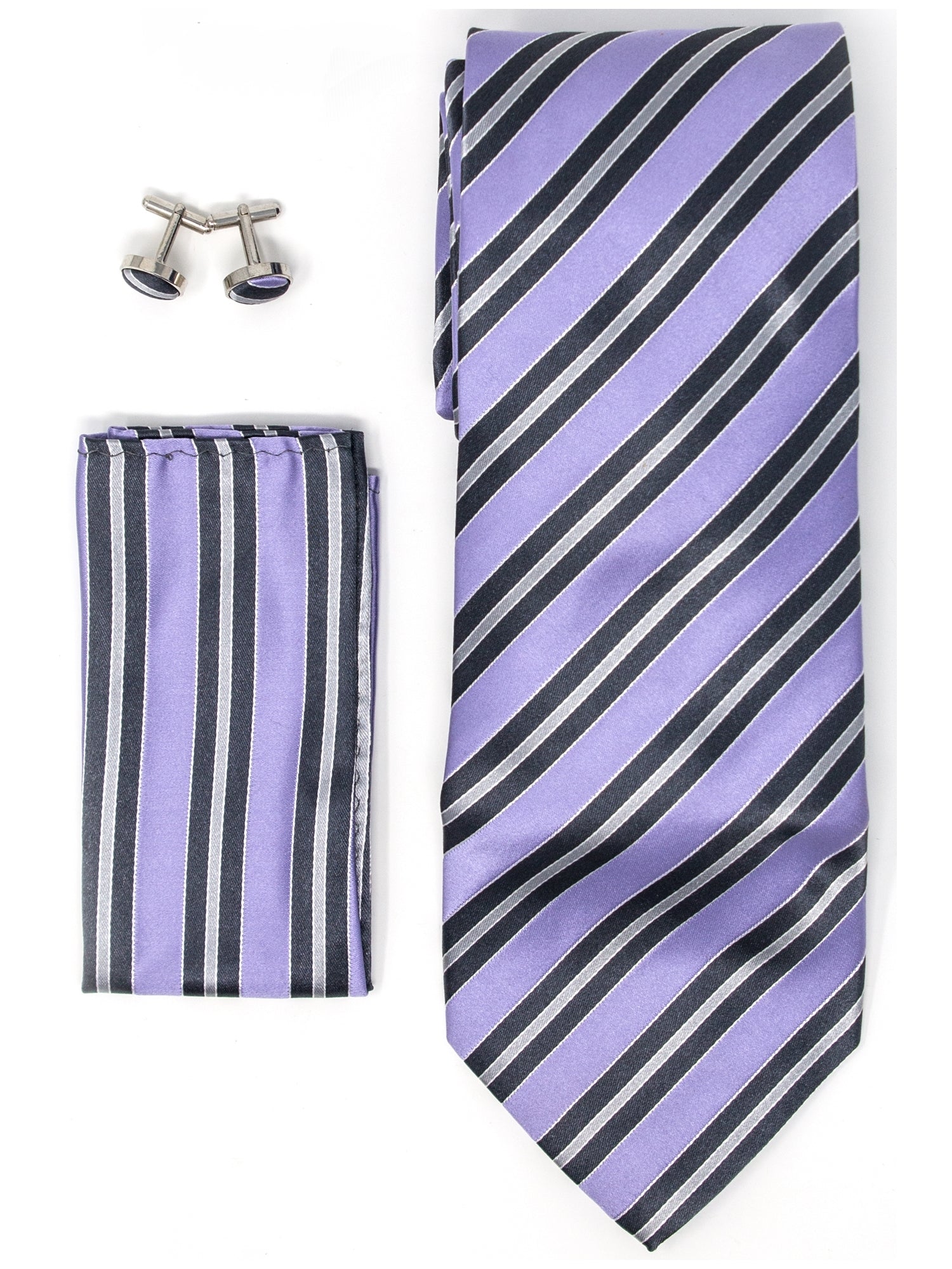 Men's Silk Neck Tie Set Cufflinks & Hanky Collection Neck Tie TheDapperTie Lavender, Grey And Black Stripes Regular 