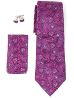 Load image into Gallery viewer, Men&#39;s Silk Neck Tie Set Cufflinks &amp; Hanky Collection Neck Tie TheDapperTie Fuchsia And White Paisley Regular 
