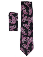 Load image into Gallery viewer, Men&#39;s Silk Woven Wedding Neck Tie With Handkerchief Neck Tie TheDapperTie Black And Pink Paisley Regular 
