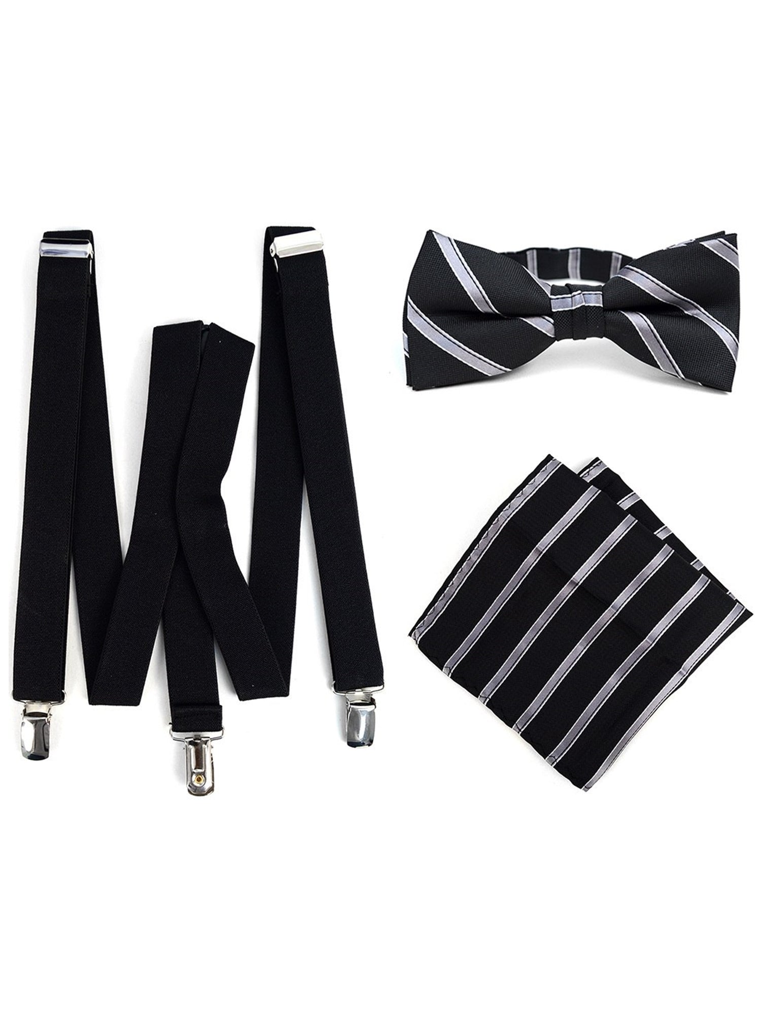 Men's Black 3 PC Clip-on Suspenders, Bow Tie & Hanky Sets Men's Solid Color Bow Tie TheDapperTie Black # 3 Regular 