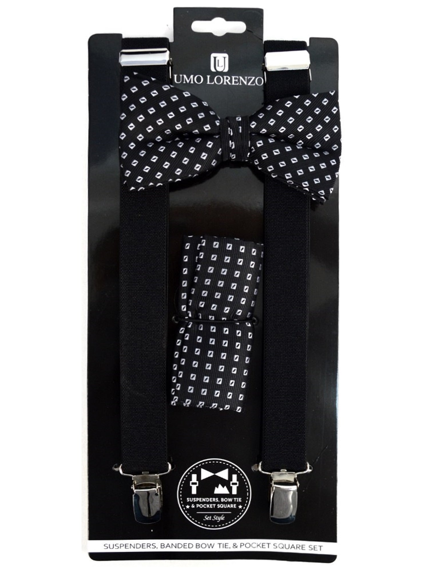 Men's Black 3 PC Clip-on Suspenders, Bow Tie & Hanky Sets Men's Solid Color Bow Tie TheDapperTie Black # 7 Regular 