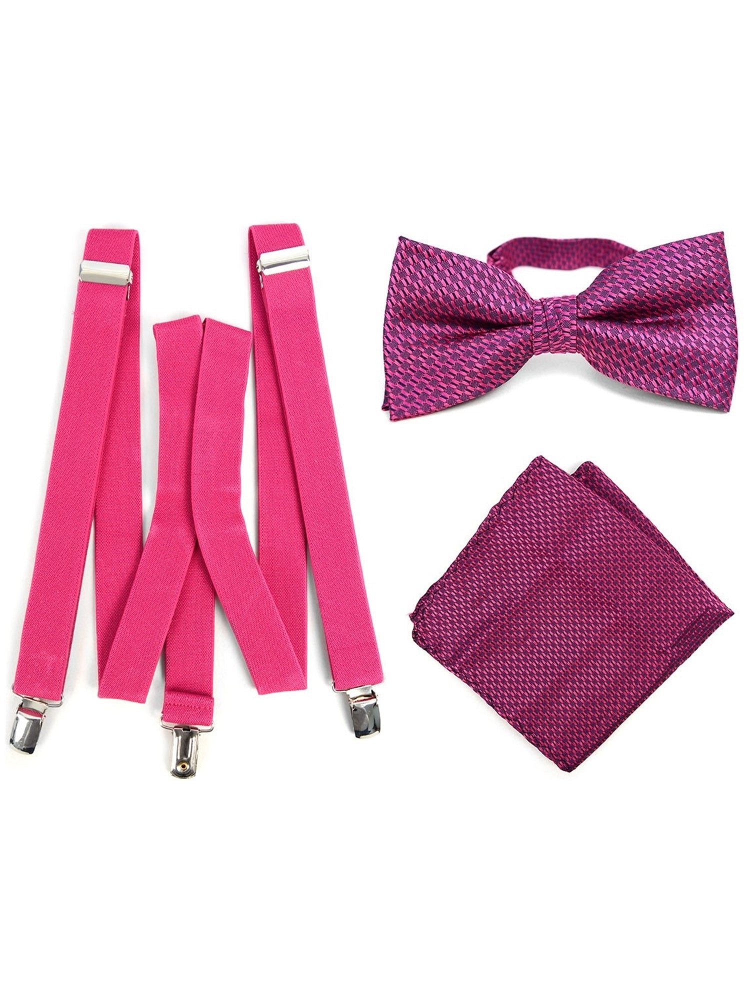 Men's Fuchsia 3 PC Clip-on Suspenders, Bow Tie & Hanky Sets Men's Solid Color Bow Tie TheDapperTie Fuchsia # 1 Regular 