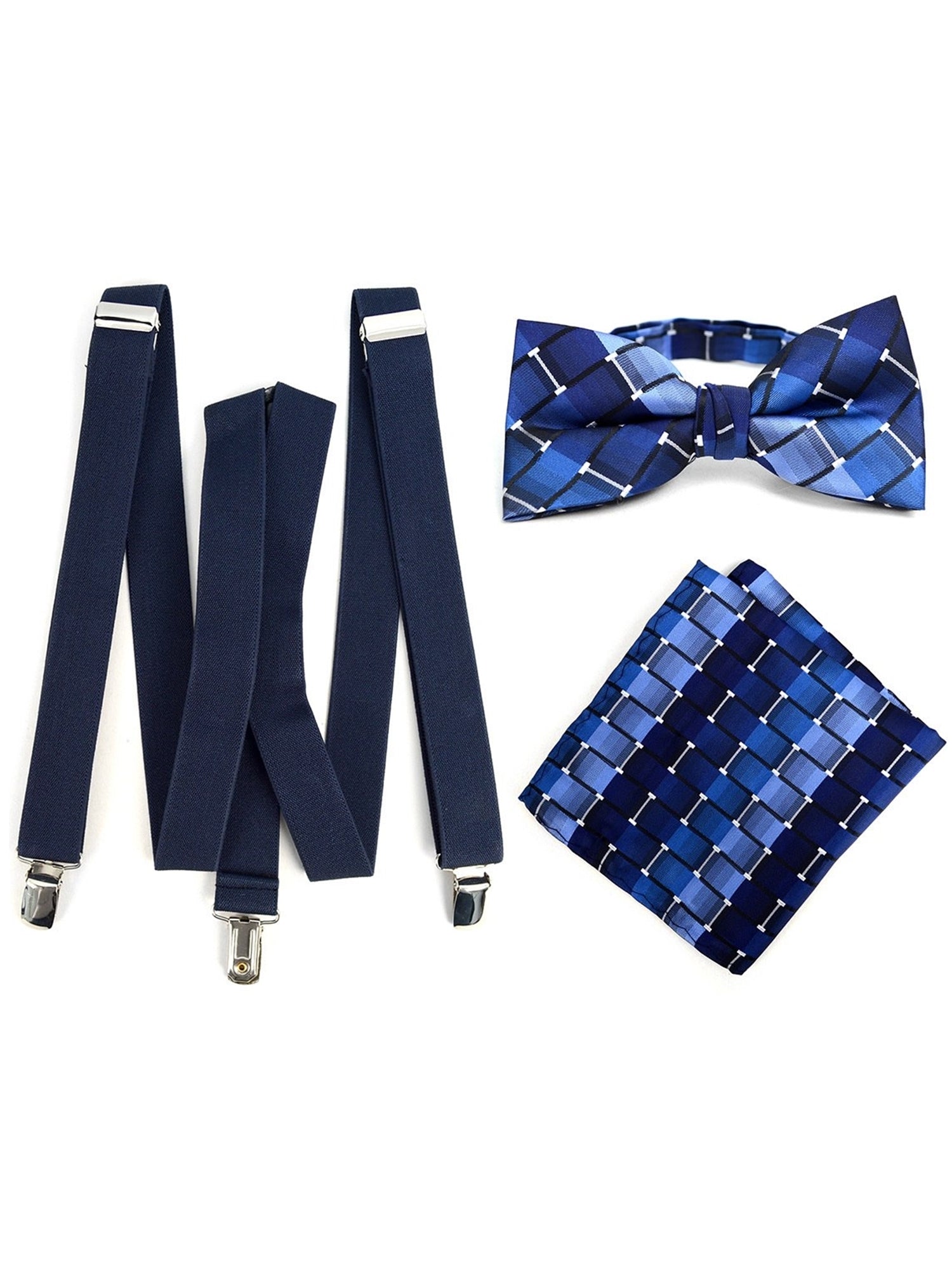Men's Navy Blue 3 PC Clip-on Suspenders, Bow Tie & Hanky Sets Men's Solid Color Bow Tie TheDapperTie Navy Blue # 1 Regular 