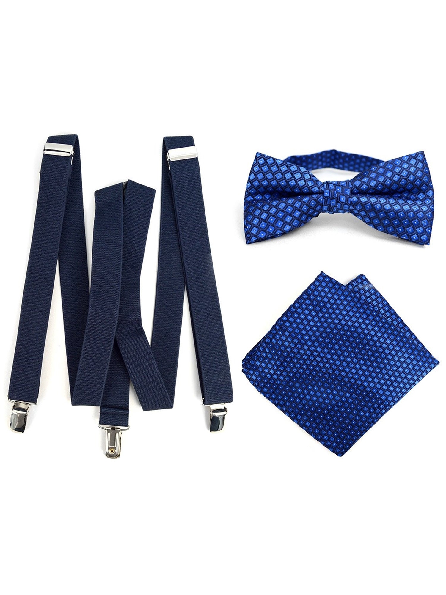 Men's Navy Blue 3 PC Clip-on Suspenders, Bow Tie & Hanky Sets Men's Solid Color Bow Tie TheDapperTie Navy Blue # 4 Regular 