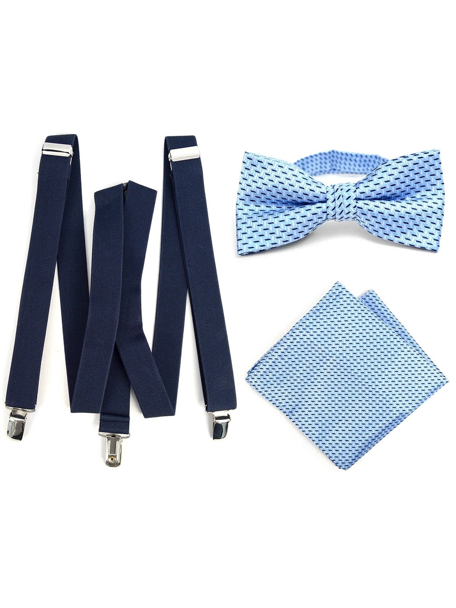 Men's Navy Blue 3 PC Clip-on Suspenders, Bow Tie & Hanky Sets Men's Solid Color Bow Tie TheDapperTie Navy Blue # 7 Regular 