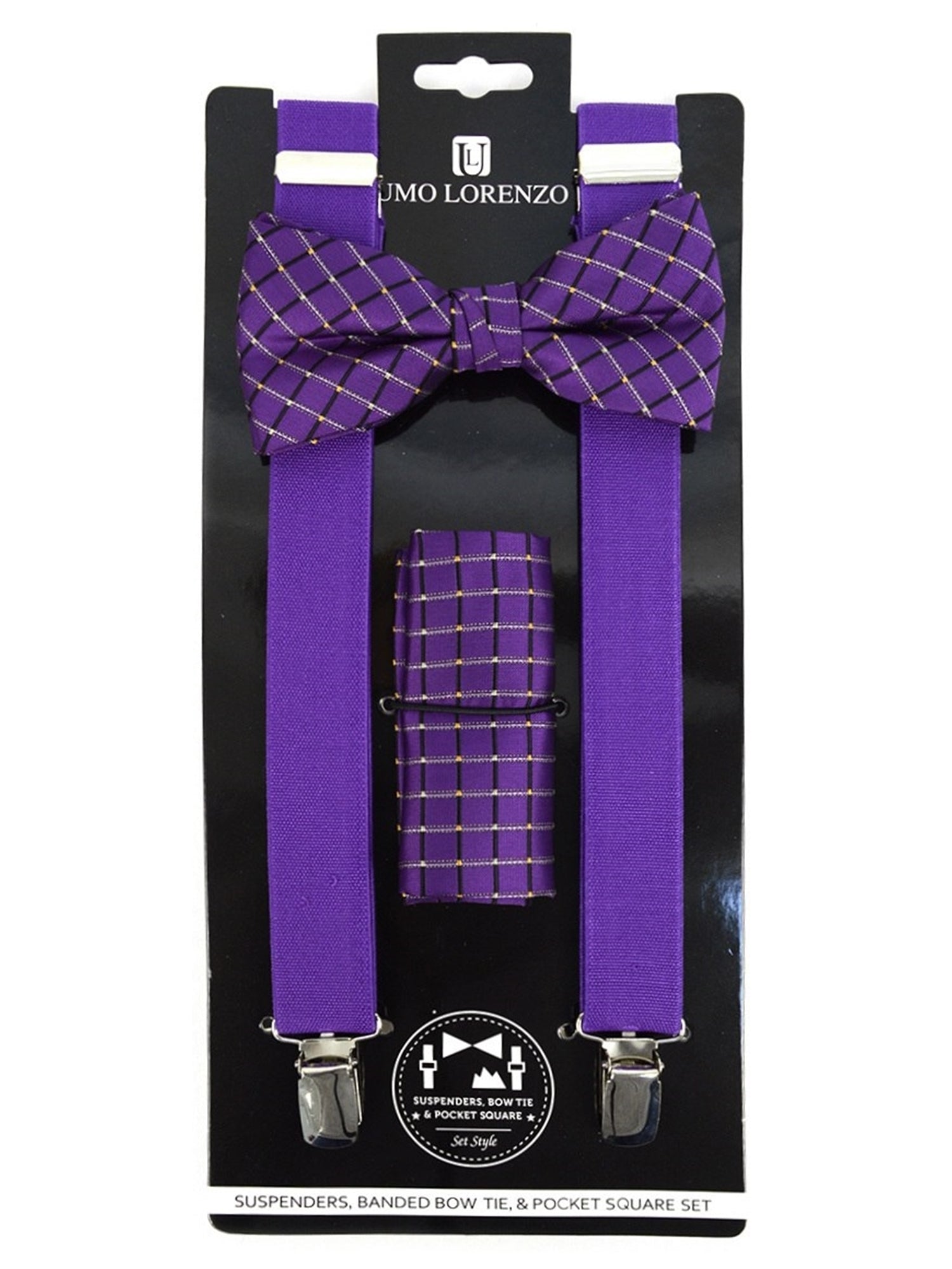 Men's Purple 3 PC Clip-on Suspenders, Bow Tie & Hanky Sets Men's Solid Color Bow Tie TheDapperTie Purple # 1 Regular 