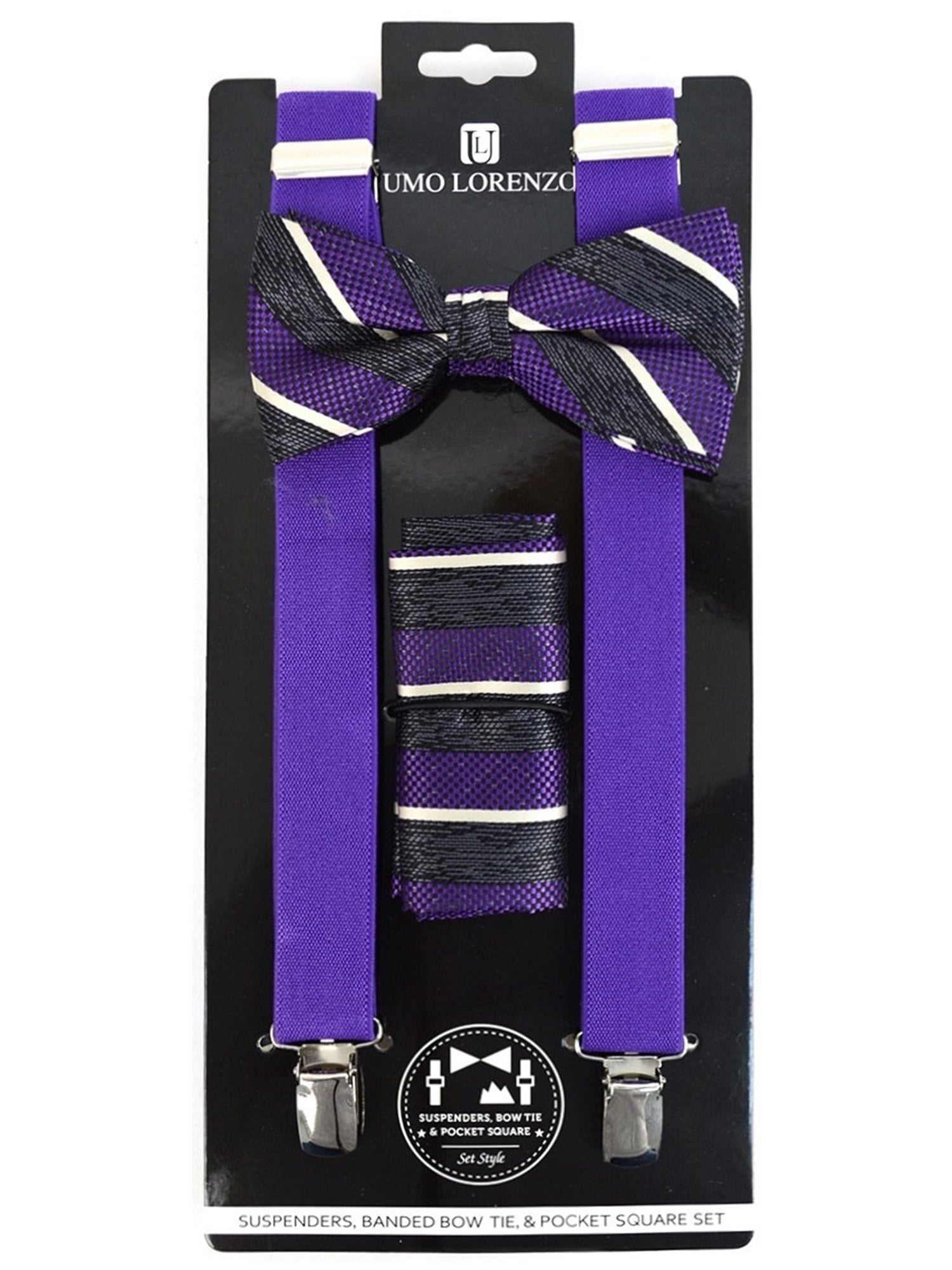 Men's Purple 3 PC Clip-on Suspenders, Bow Tie & Hanky Sets Men's Solid Color Bow Tie TheDapperTie Purple # 3 Regular 