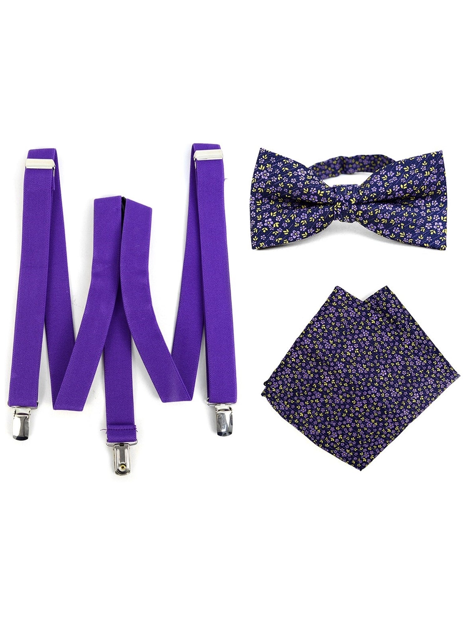 Men's Purple 3 PC Clip-on Suspenders, Bow Tie & Hanky Sets Men's Solid Color Bow Tie TheDapperTie Purple # 4 Regular 