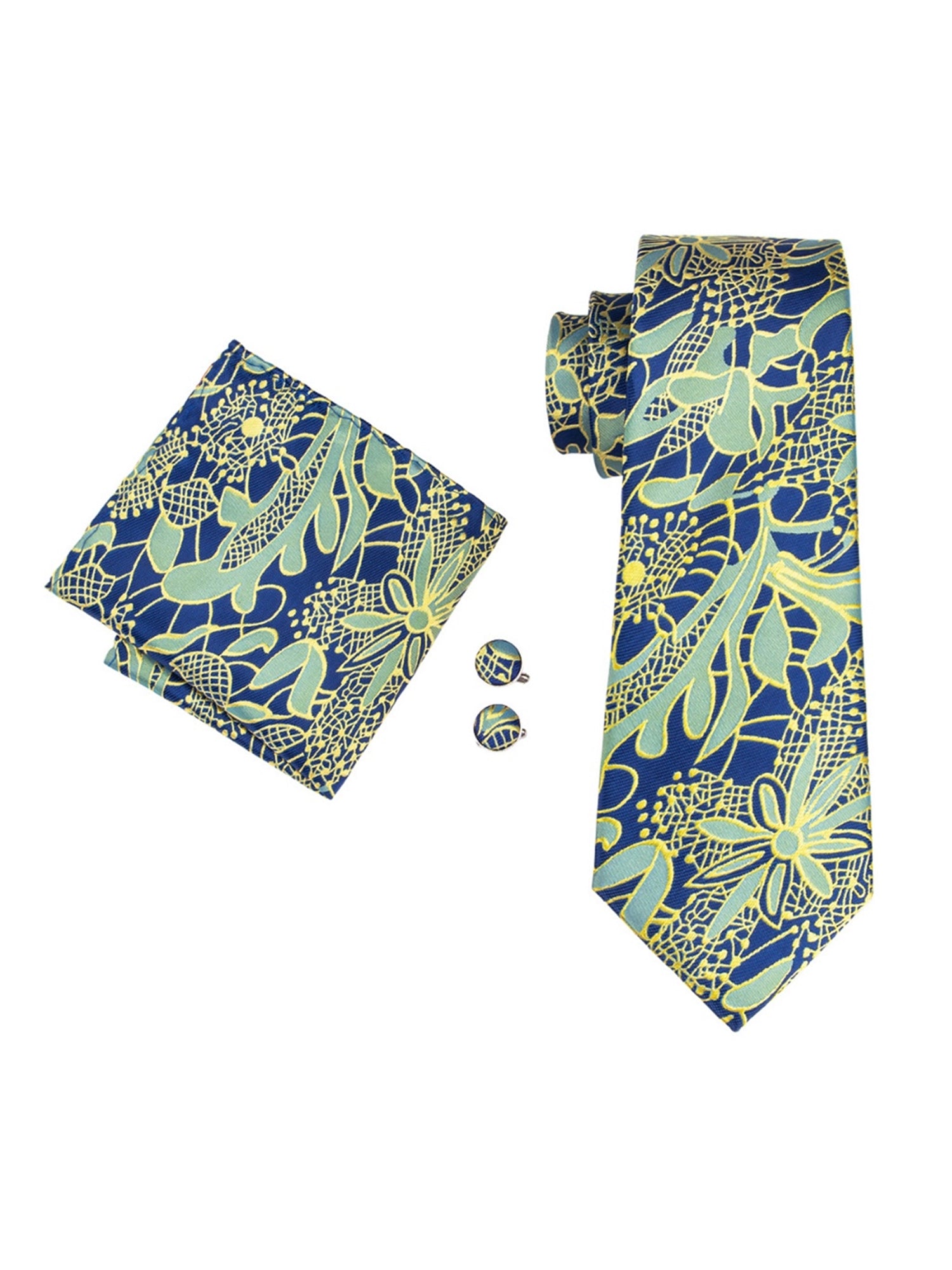 Men's Blue Yellow & Green Paisley Silk Neck tie Hanky Cufflinks Set Neck Tie TheDapperTie Blue Yellow & Green 59 Inch X 3.4 Inch 