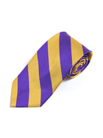 Load image into Gallery viewer, Men&#39;s College Striped Colored Silk Long Or X-Long Neck Tie Neck Tie TheDapperTie Purple &amp; Gold 57&quot; long &amp; 3.25&quot; wide 
