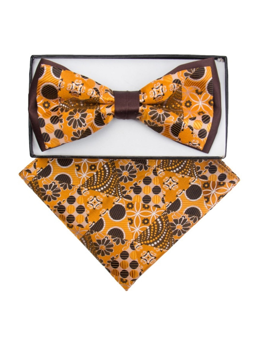 Men's Orange & Brown Floral Pre-tied Two-Tone Bow tie & Handkerchief Set Neck Tie TheDapperTie Yellow One Size 