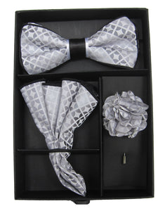 Collection Of Men's Bow Tie with matching Hanky and Lapel Flower Bow Tie Set TheDapperTie Silver Geometric One Size 