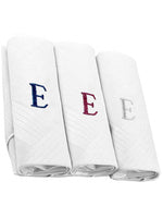 Load image into Gallery viewer, Men&#39;s Cotton Monogrammed Handkerchiefs Initial Letter Hanky Handkerchiefs TheDapperTie White E 2 x 3 Pack  
