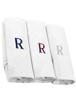 Load image into Gallery viewer, Men&#39;s Cotton Monogrammed Handkerchiefs Initial Letter Hanky Handkerchiefs TheDapperTie White R 2 x 3 Pack  
