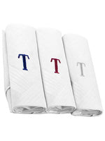 Load image into Gallery viewer, Men&#39;s Cotton Monogrammed Handkerchiefs Initial Letter Hanky Handkerchiefs TheDapperTie White T 2 x 3 Pack  
