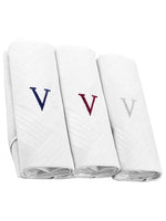 Load image into Gallery viewer, Men&#39;s Cotton Monogrammed Handkerchiefs Initial Letter Hanky Handkerchiefs TheDapperTie White V 2 x 3 Pack  
