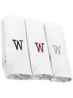 Load image into Gallery viewer, Men&#39;s Cotton Monogrammed Handkerchiefs Initial Letter Hanky Handkerchiefs TheDapperTie White W 2 x 3 Pack  
