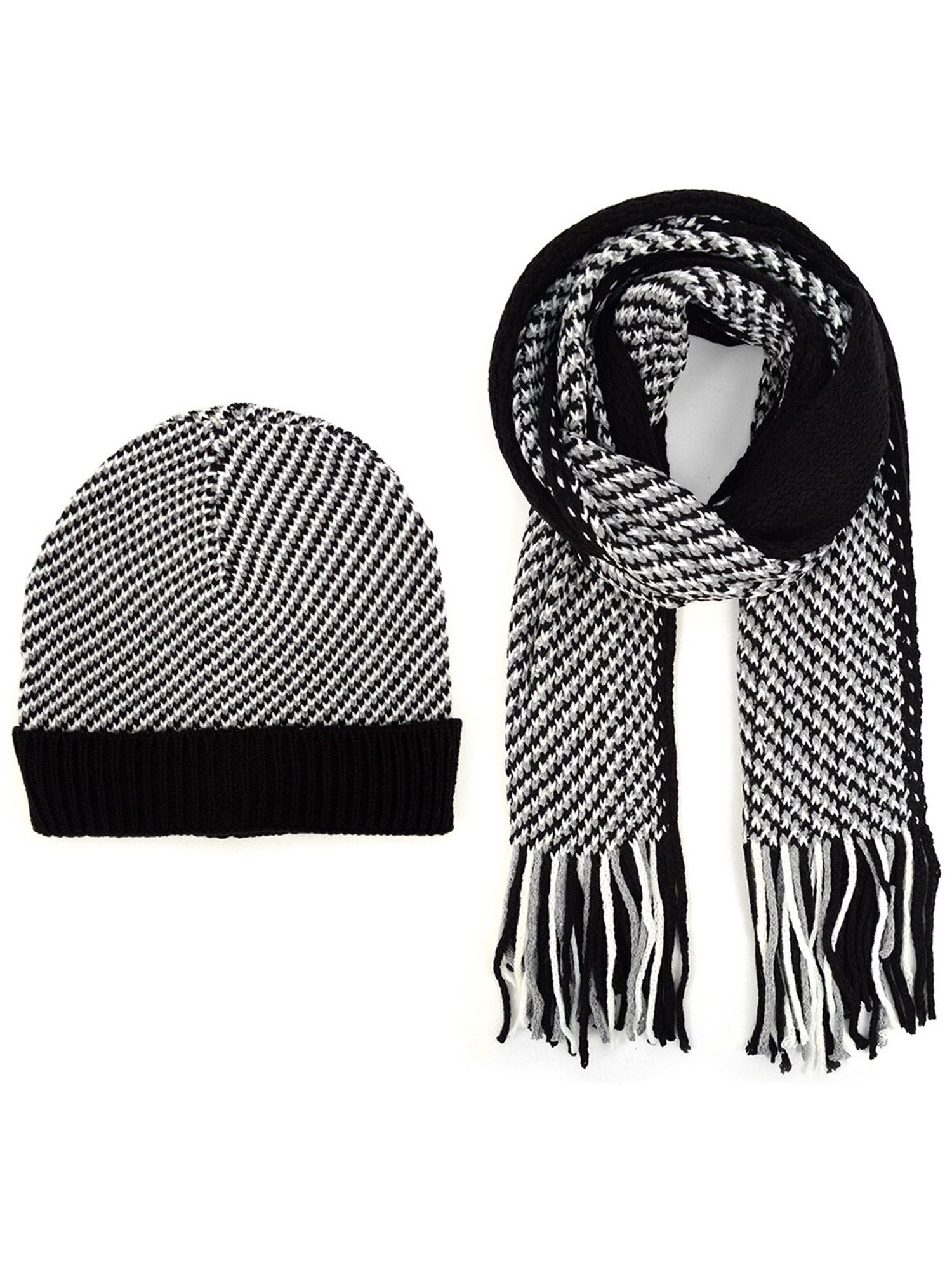 Men's Black, Grey & White Acrylic Knit Scarf and Hat Set Winter Set Umo Lorenzo Black One Size 
