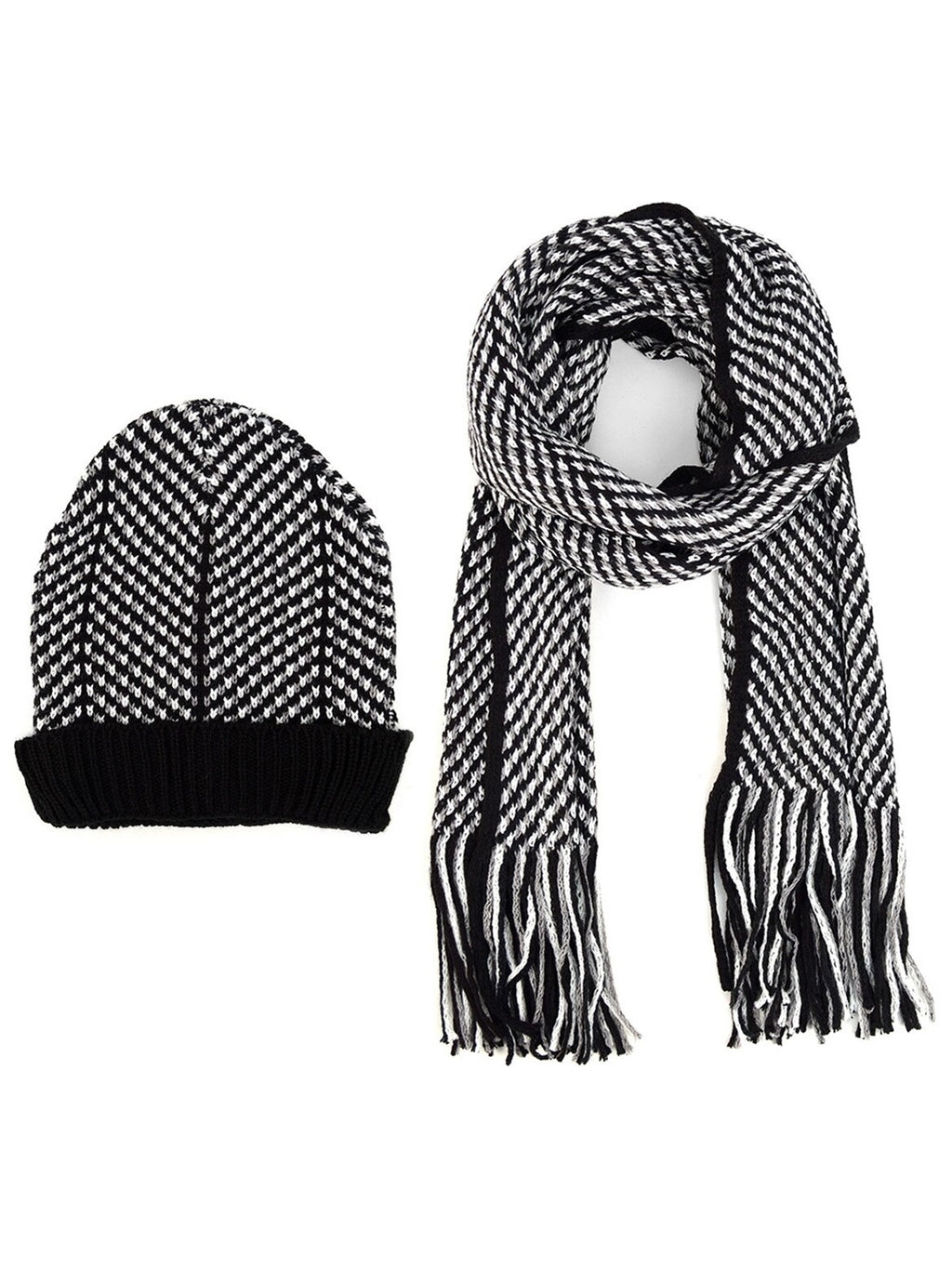 Men's Black, Grey & White Acrylic Knit Scarf and Hat Set Winter Set Umo Lorenzo Black One Size 