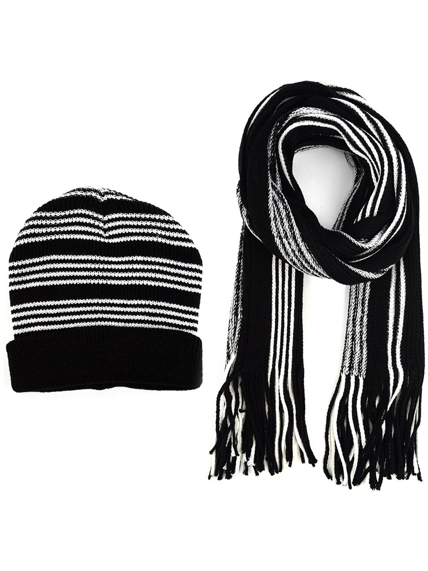 Men's Black & White Acrylic Knit Striped Scarf and Hat Set Winter Set Umo Lorenzo Black One Size 
