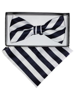 Load image into Gallery viewer, Men&#39;s Stripes Pre-tied Adjustable Bow Tie With Hanky Bow Tie TheDapperTie Navy &amp; White One Size 
