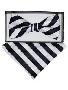 Men's Stripes Pre-tied Adjustable Bow Tie With Hanky Bow Tie TheDapperTie Navy & White One Size 