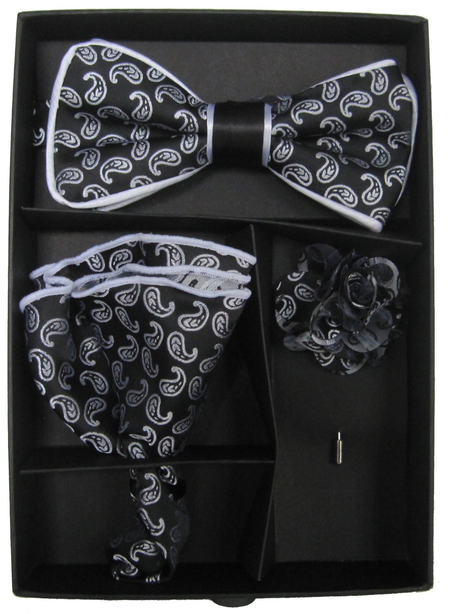 Collection Of Men's Bow Tie with matching Hanky and Lapel Flower Bow Tie Set TheDapperTie Black & Silver Paisley 2 One Size 