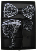 Load image into Gallery viewer, Collection Of Men&#39;s Bow Tie with matching Hanky and Lapel Flower Bow Tie Set TheDapperTie Black &amp; Silver Paisley 2 One Size 

