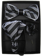 Load image into Gallery viewer, Collection Of Men&#39;s Bow Tie with matching Hanky and Lapel Flower Bow Tie Set TheDapperTie Black &amp; White Striped 4 One Size 
